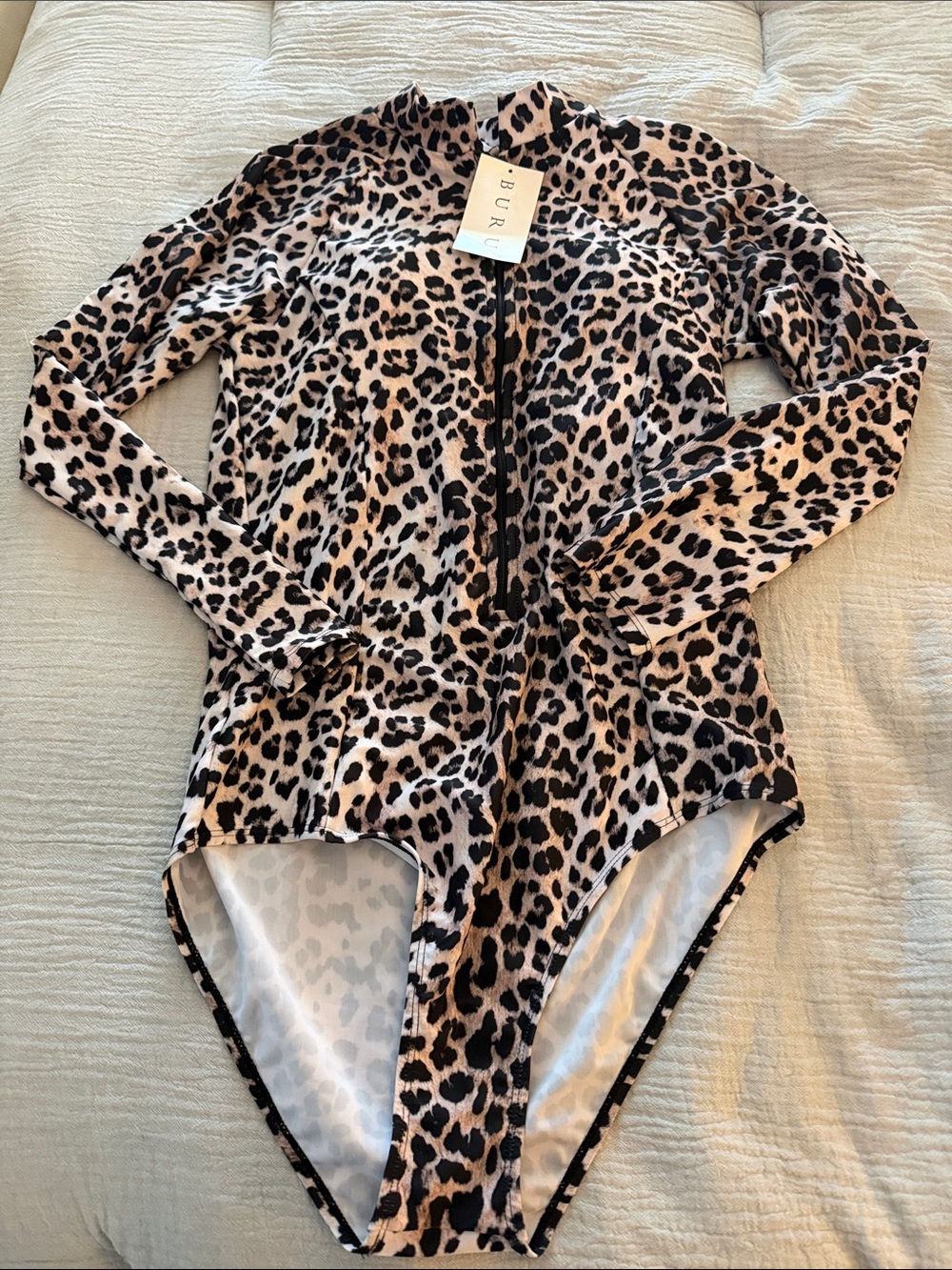 Buru Women's Long Sleeve Leopard Print One-Piece Swimsuit - Tan/Black
